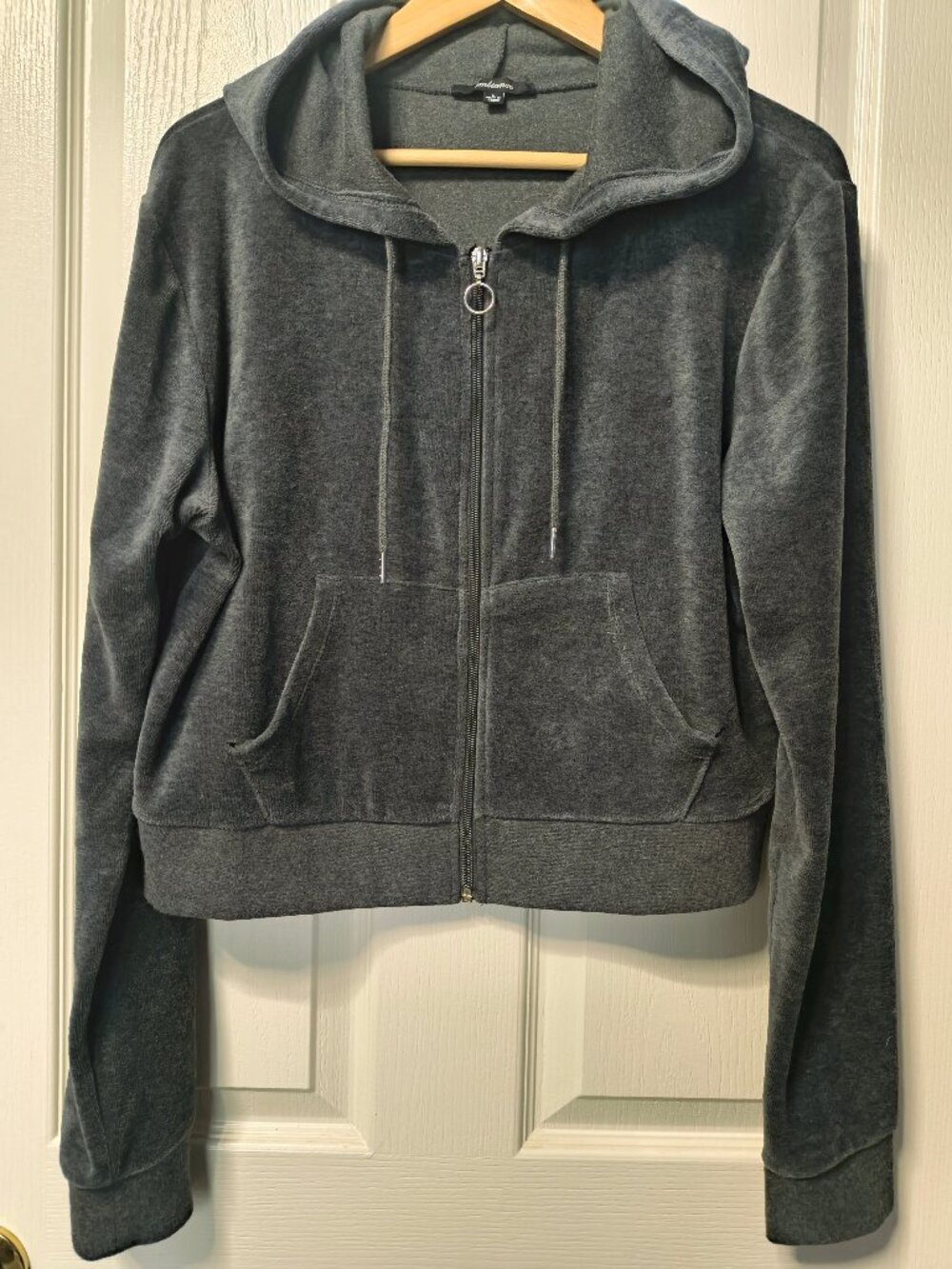 Ambiance Charcoal Gray Cropped Velour Zip Up Hoodie Size L